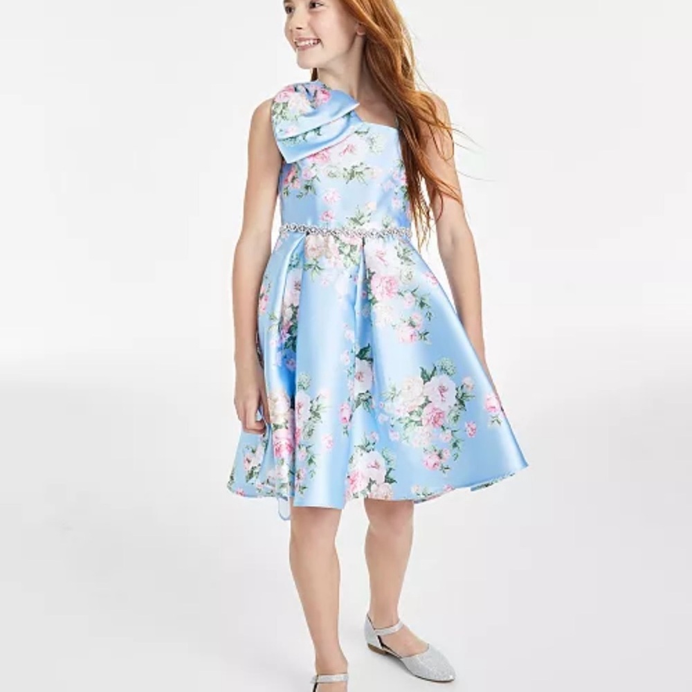 Rare Editions for Macy’s Mikado Floral Asymmetrical Blue Dress with Bow Shoulder